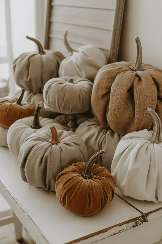 Chic farmhouse pumpkin decor in fabric textures.
