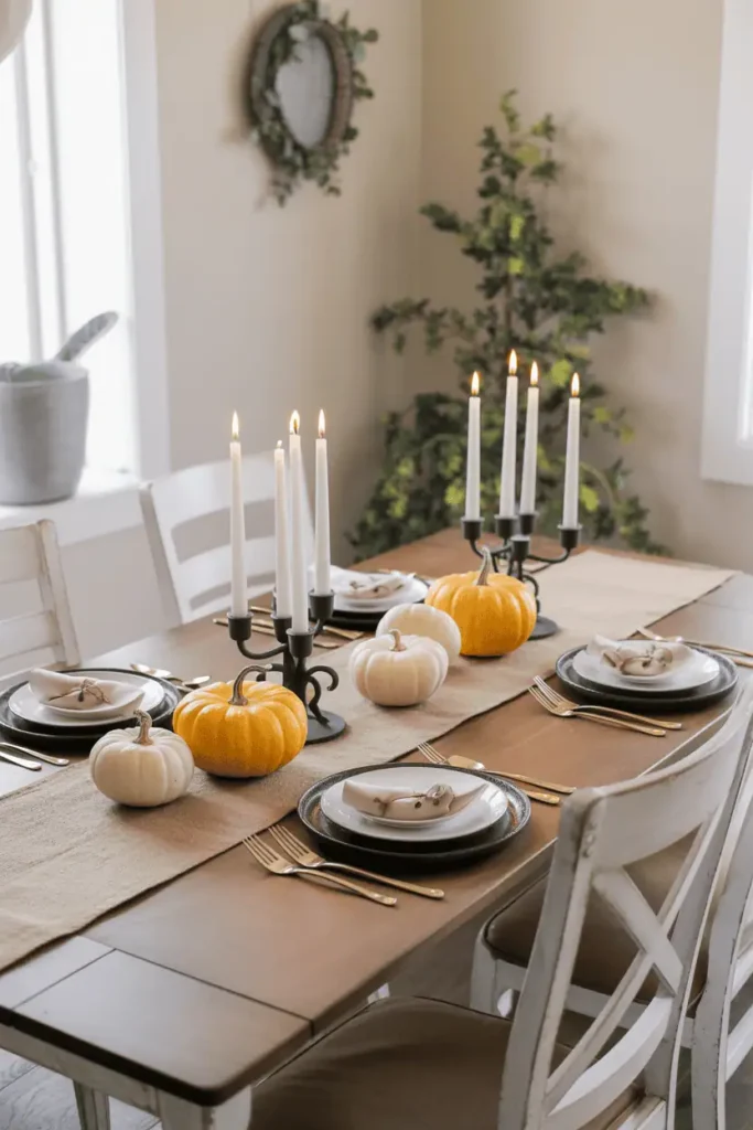 Rustic burlap Halloween table runner with pumpkins.