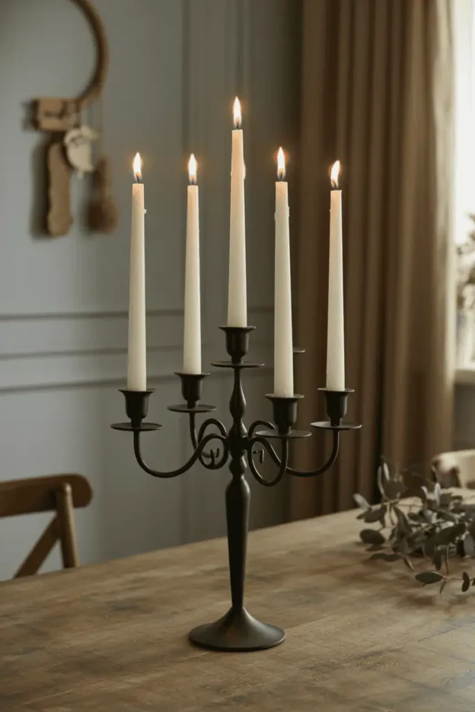 Rustic farmhouse black candelabra styled for Halloween.