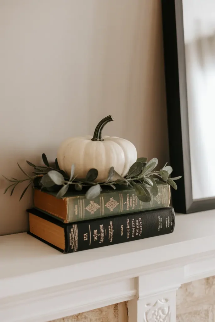 Farmhouse Halloween mantel with antique books and pumpkin.