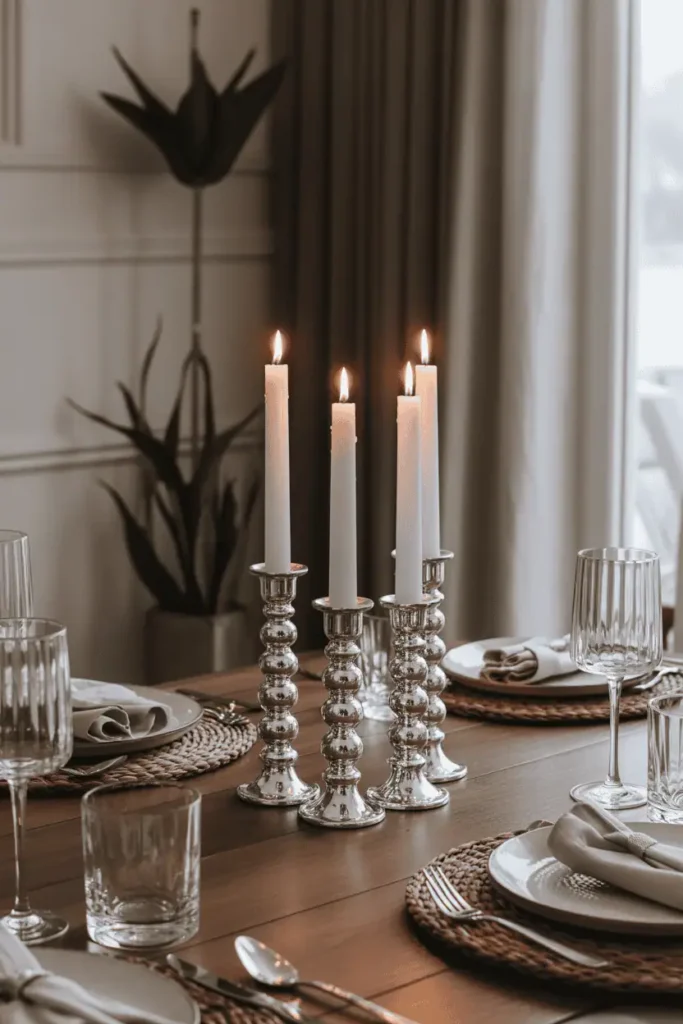 Chic mercury glass candleholders styled for Halloween.