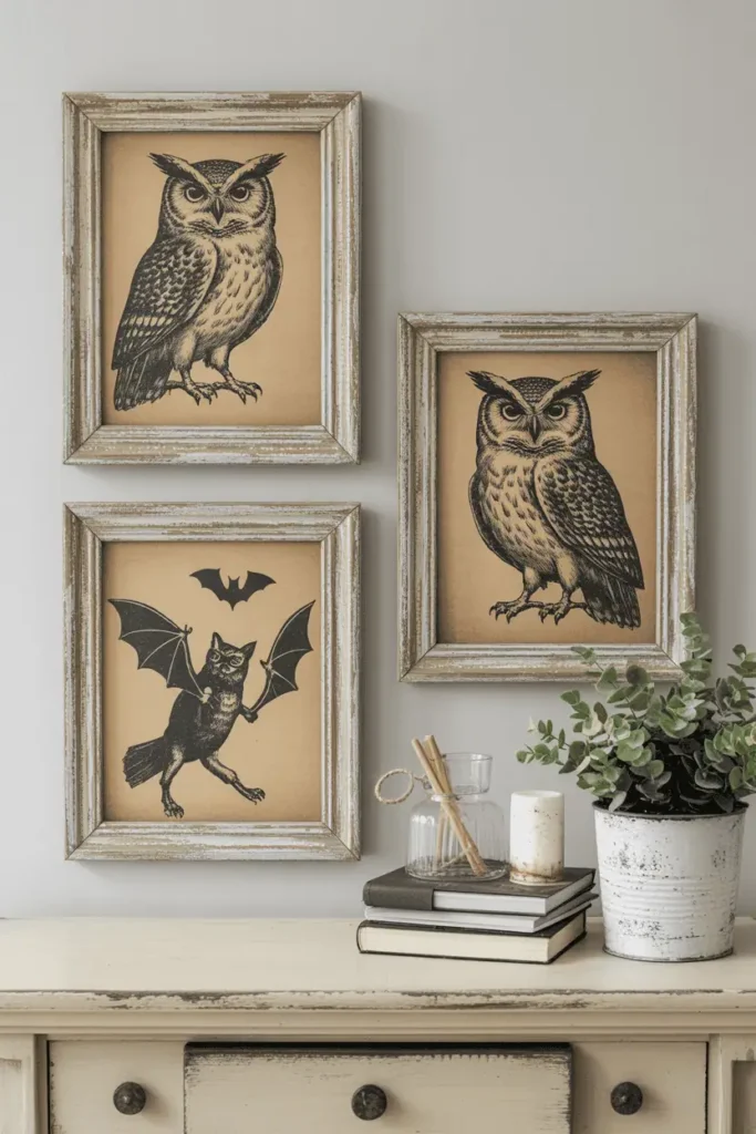 Farmhouse Halloween wall art in rustic wooden frames.