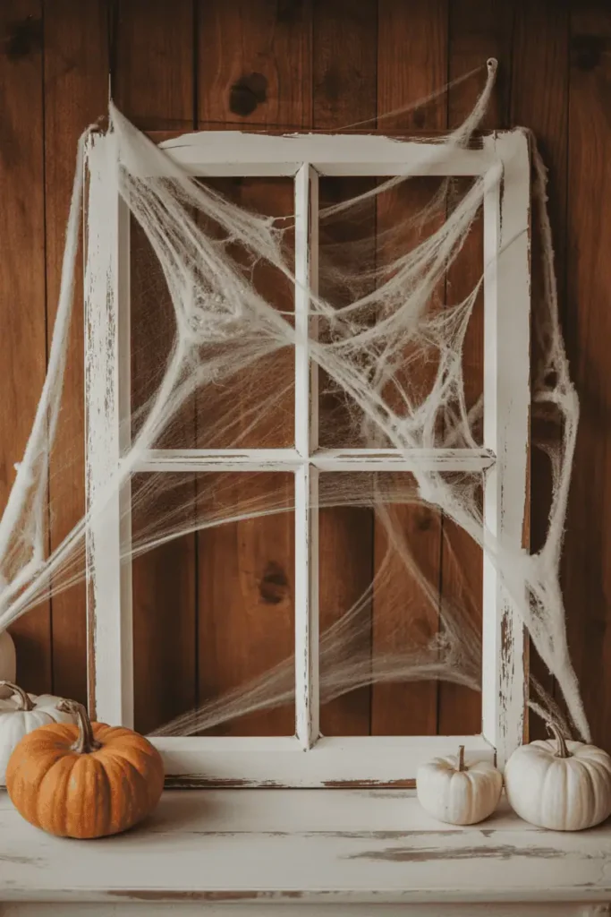 Farmhouse Halloween decor with repurposed window frame.