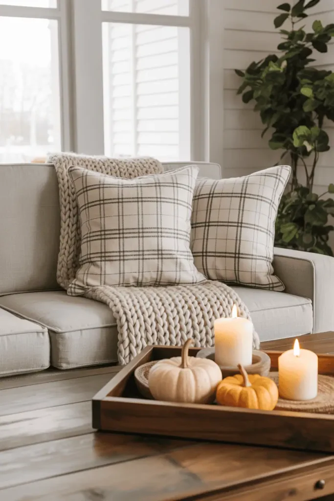 Cozy farmhouse living room styled with subtle Halloween accents.