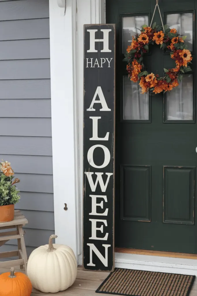 Rustic farmhouse wooden Halloween porch sign.