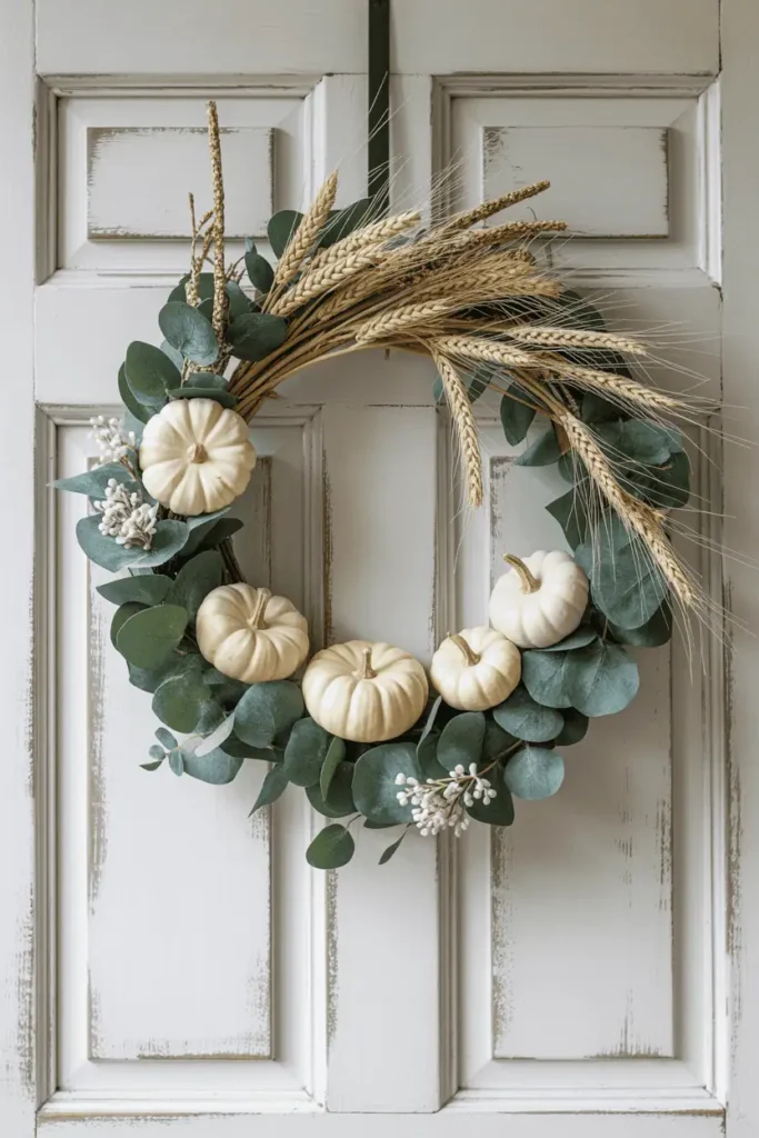 Farmhouse wreath with wheat, eucalyptus, and pumpkins.
