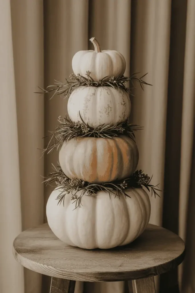 Neutral farmhouse pumpkin topiary with muted tones.