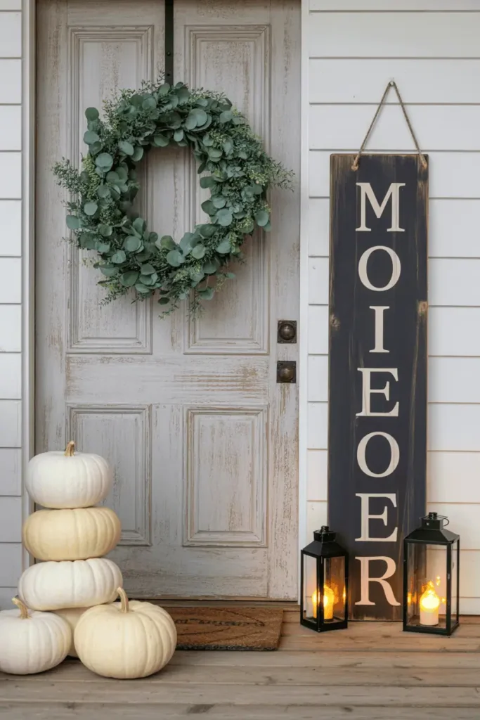 Chic farmhouse porch decorated with pumpkins, wreath, and lanterns for Halloween