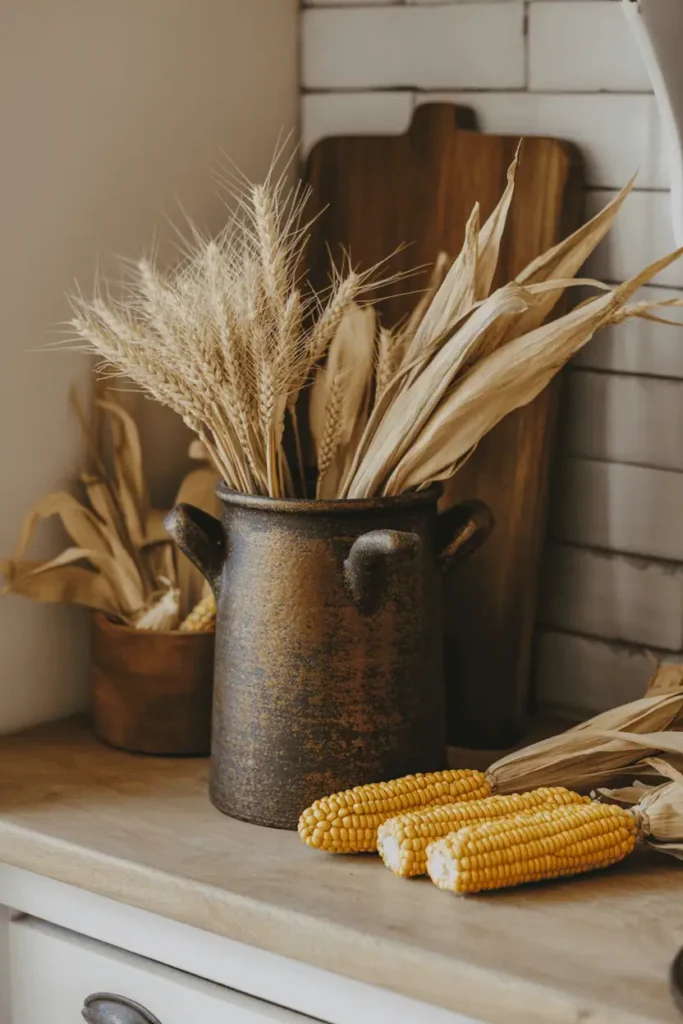 Farmhouse kitchen styled with crock filled with fall branches.