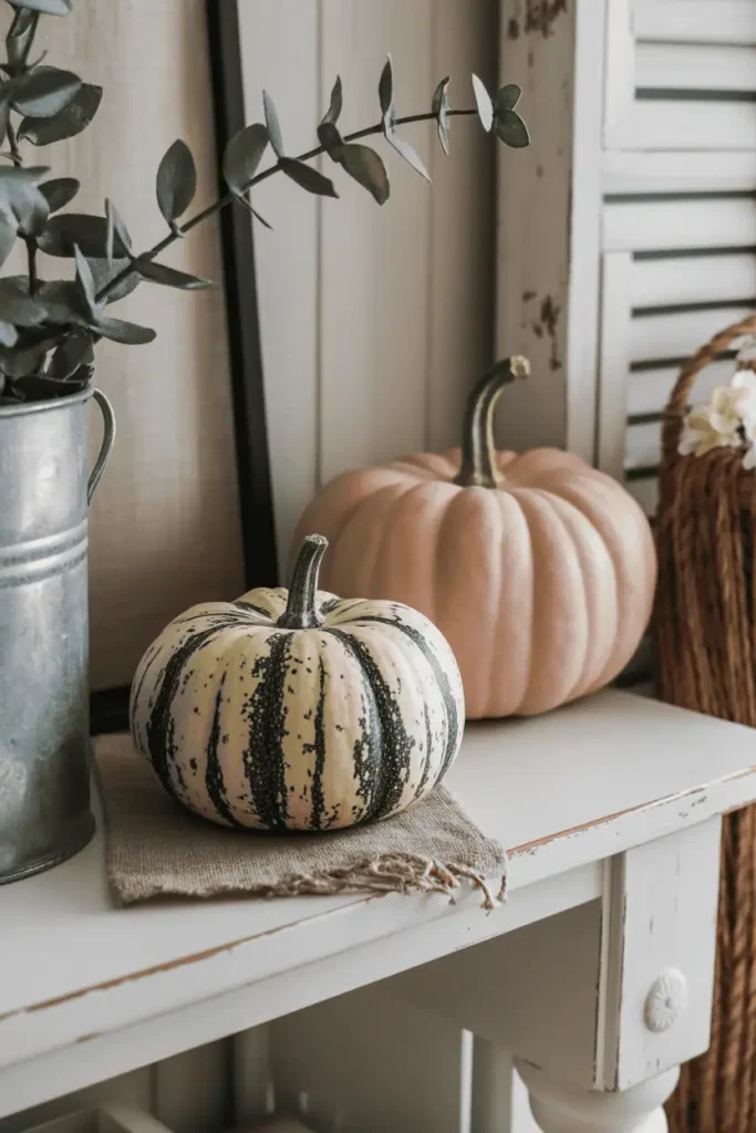 Farmhouse Halloween pumpkins with distressed paint finish.