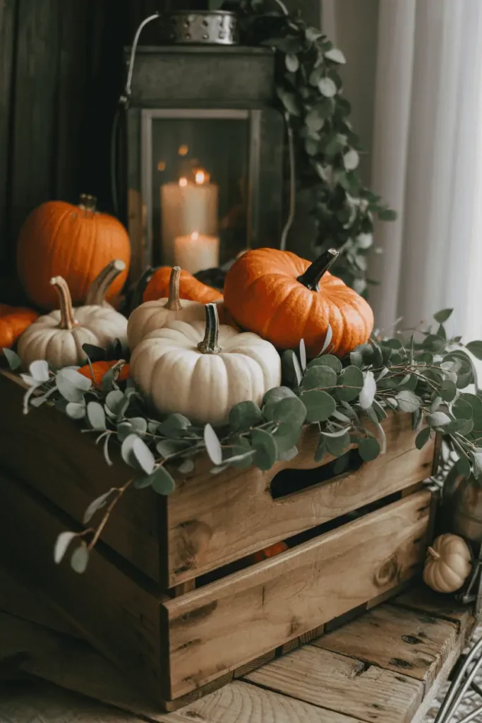 Farmhouse Halloween pumpkin display in rustic crate.