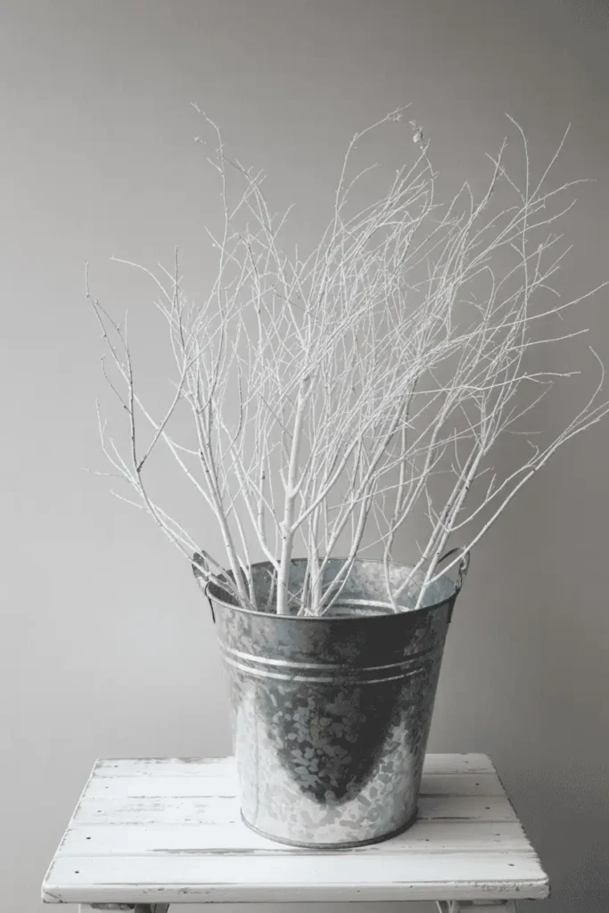 Rustic farmhouse Halloween display with whitewashed branches.