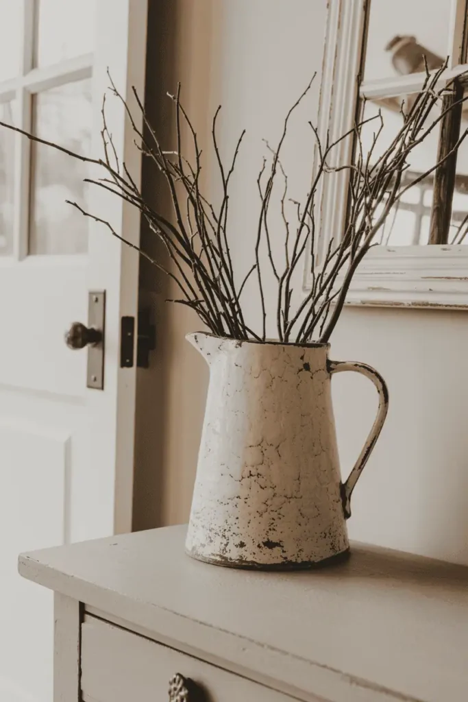 Farmhouse twig display in rustic pitcher vase.
