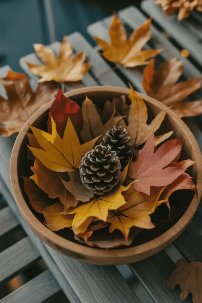 Rustic farmhouse bowl centerpiece with preserved leaves.