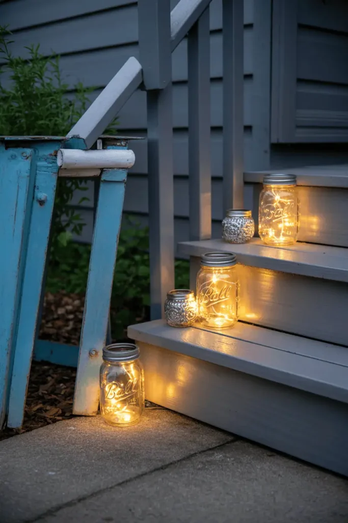 Handmade DIY holiday porch lighting with mason jar lanterns.