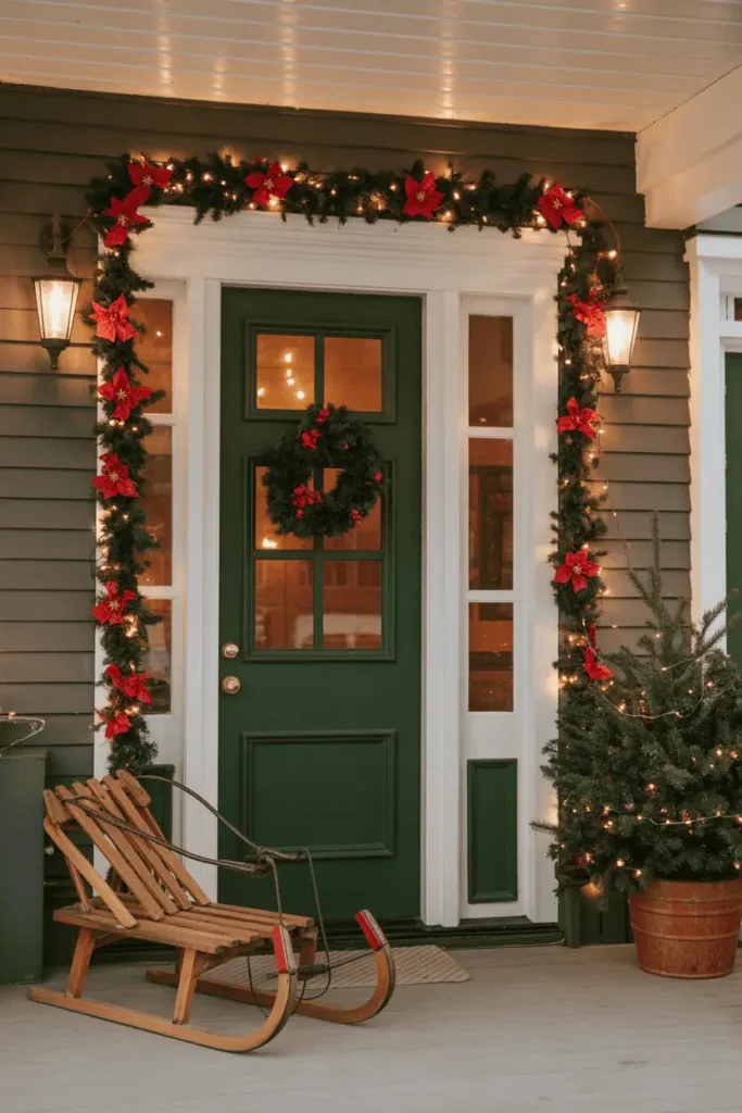 Porch decorated with a mix of classic and modern holiday elements.