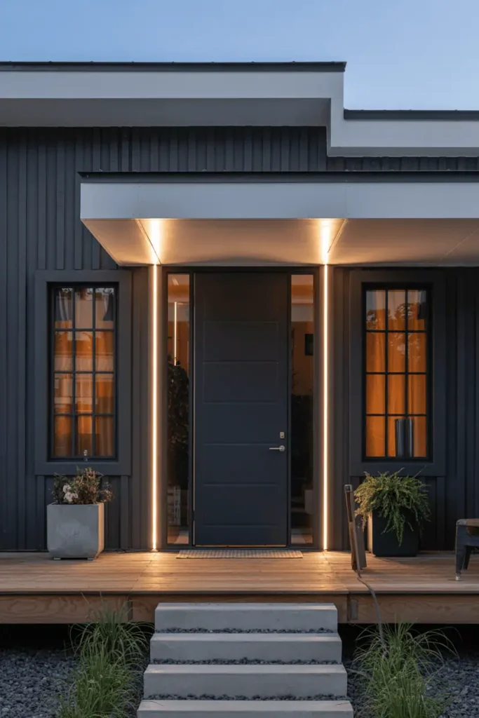 Minimalist porch with monochromatic outdoor holiday lights.