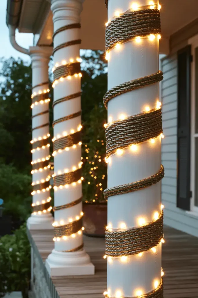 Porch railings and columns decorated with rope lights for the holidays.