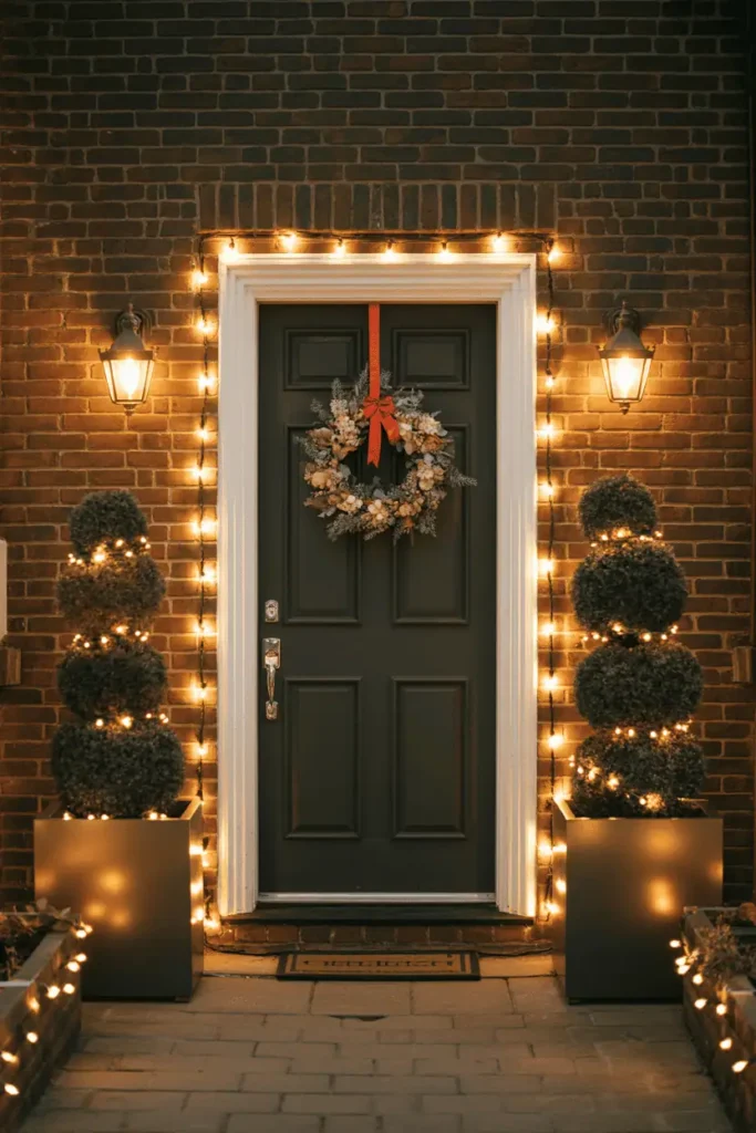 Outdoor entryway framed with LED holiday lights.