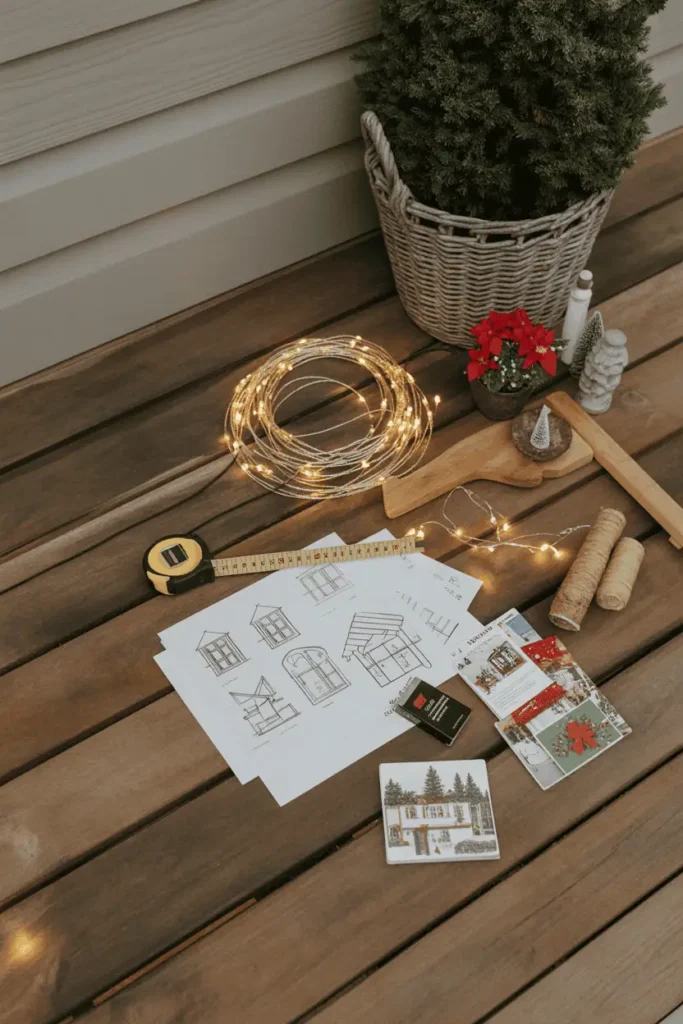 Holiday porch lighting design plan with sketches and LED lights.