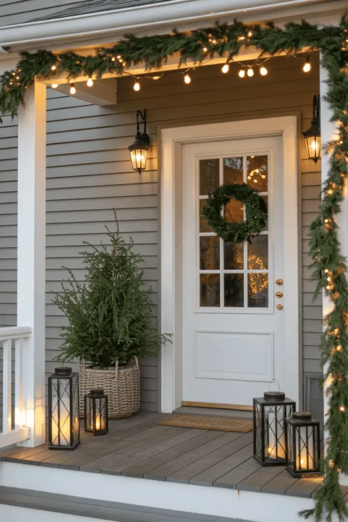 Eco-friendly outdoor holiday porch with LED and solar lights.