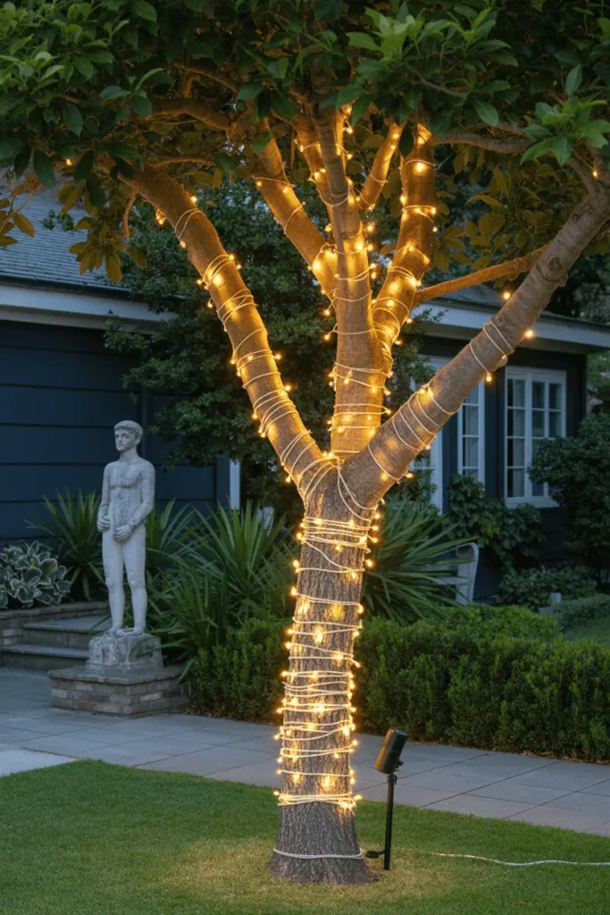 Outdoor garden illuminated with holiday lights.