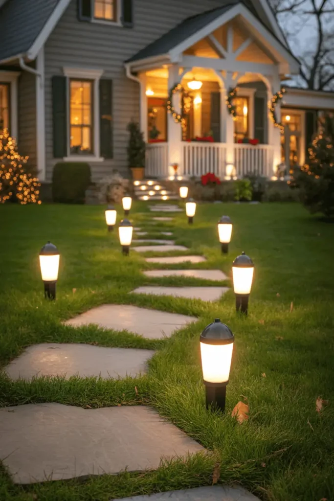 Pathway lined with solar-powered holiday lights.