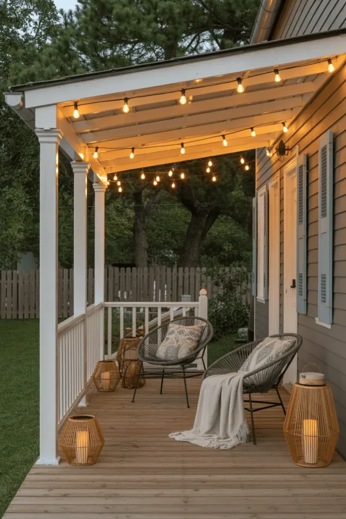 Porch with overhead string light canopy and cozy seating.
