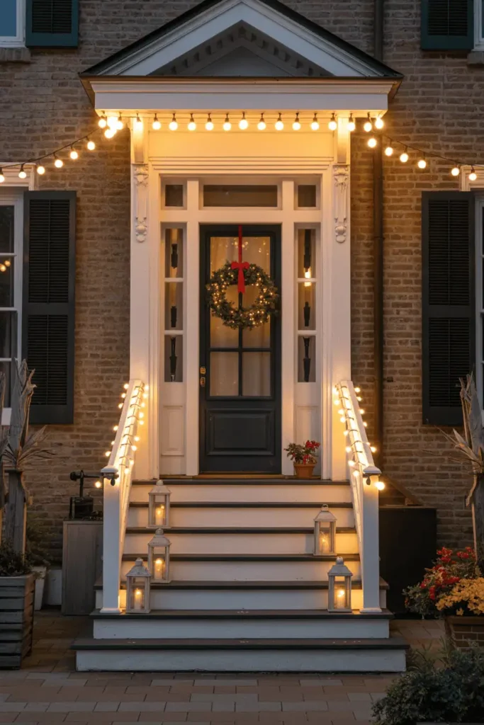 Porch with layered holiday lighting sources.