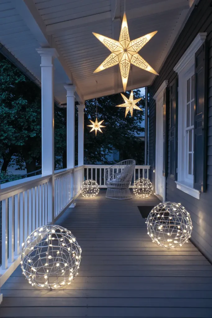 Outdoor holiday porch with geometric light installations.