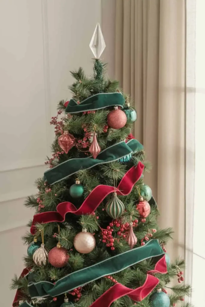 Jewel tone Christmas tree decor in emerald, sapphire, and ruby.