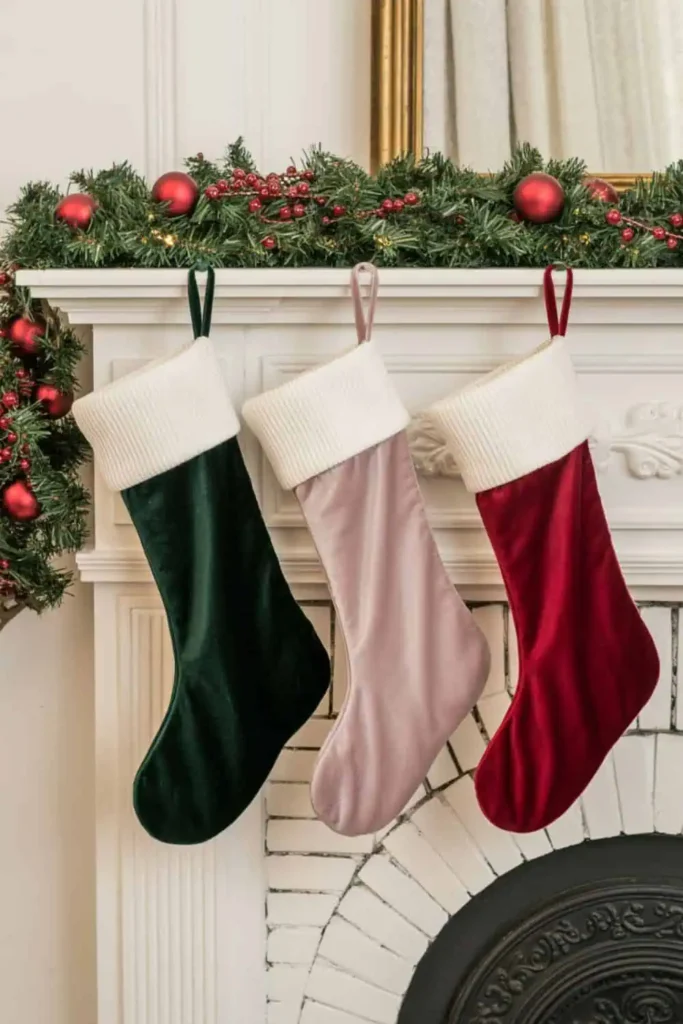 Velvet jewel tone holiday stockings with gold embroidery.