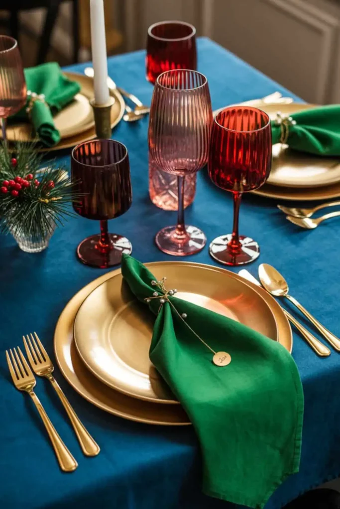 Jewel tone holiday tablescape with luxe accents.