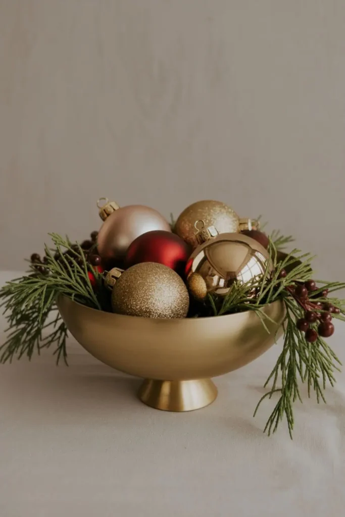 ewel tone Christmas centerpiece with ornaments and candles.