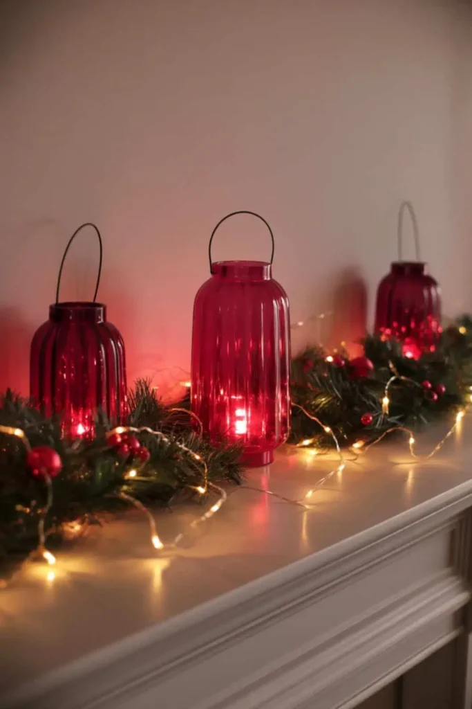Jewel tone holiday lighting with lanterns and string lights.