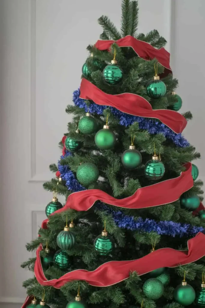 Jewel tones mixed with traditional red and green holiday decor.