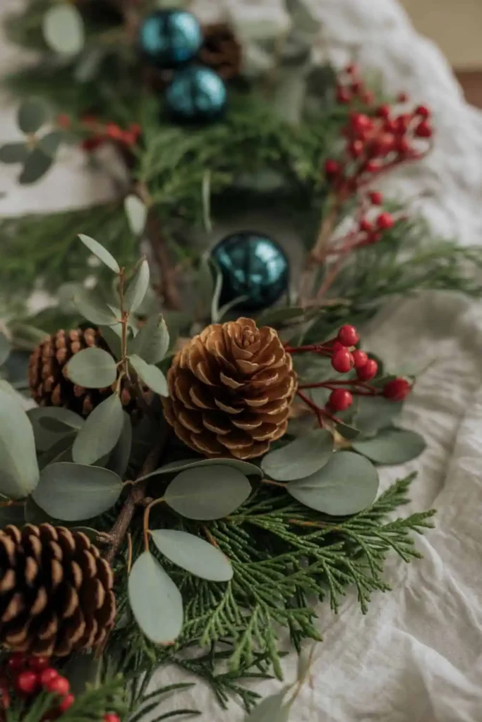 Natural elements blended with jewel-tone holiday decor.