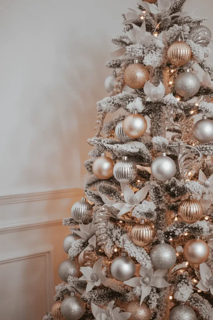 Metallic luxury Christmas tree with platinum and rose gold accents.