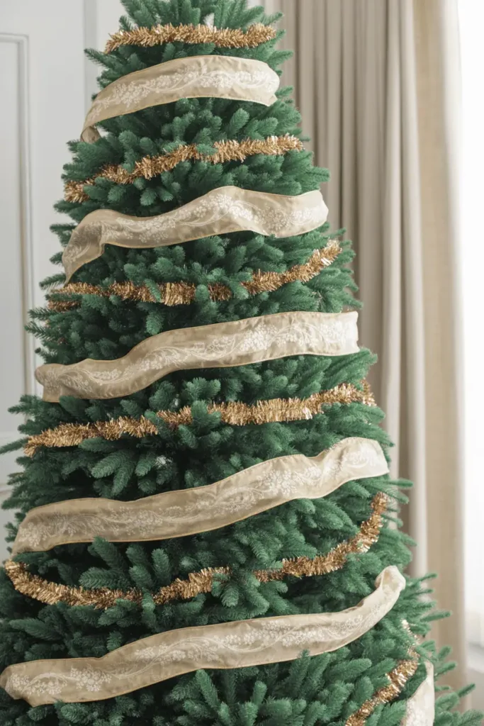 Emerald and champagne holiday tree with luxe details.