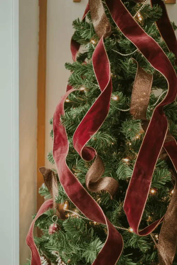 Luxe burgundy and bronze holiday tree with gold accents.