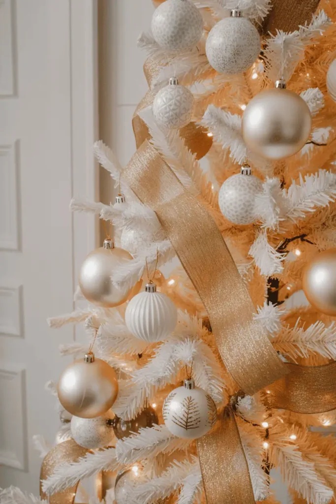 Elegant white and gold Christmas tree decor.