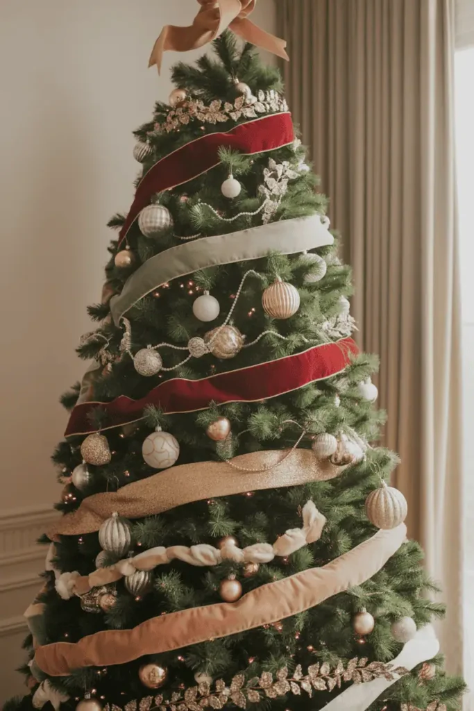 Maximalist luxury Christmas tree with layered decorations.