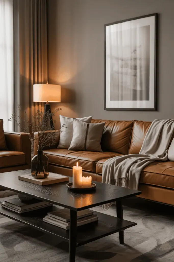 A moody, dimly lit living room with a carefully curated selection of dark, sophisticated furniture. In the foreground, a large, overstuffed leather sofa in a deep, earthy tone sits prominently, casting dramatic shadows. Beside it, a heavy, angular armchair in a rich, charcoal hue. In the middle ground, a low, rectangular coffee table in a dark, weathered wood finish, accompanied by a pair of sleek, minimalist side tables in a matte black metal. The background features tall, arched windows that allow just enough filtered light to create a brooding, atmospheric ambiance, accentuating the room's brooding, sophisticated charm.