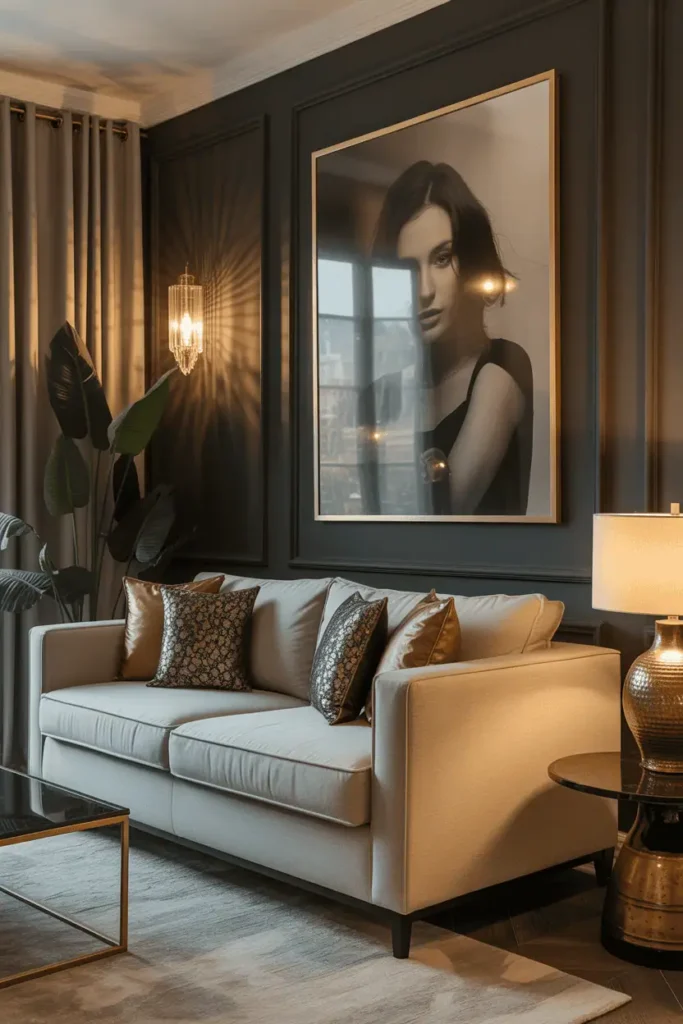 A dimly lit living room with a moody, dramatic ambiance. Soft, diffused lighting casts long shadows across plush, jewel-toned velvet furnishings. A large, ornate fireplace anchors the space, its flickering flames casting a warm, inviting glow. Elegant, high-backed armchairs and a deep, tufted sofa invite close conversation. Velvety, earthy curtains frame tall windows, allowing just a hint of dusky, twilight hues to seep in. Minimalist, modern accents in muted metallics and dark wood create a sophisticated, yet cozy atmosphere. The scene is captured through a wide-angle lens, emphasizing the room's depth and grandeur.