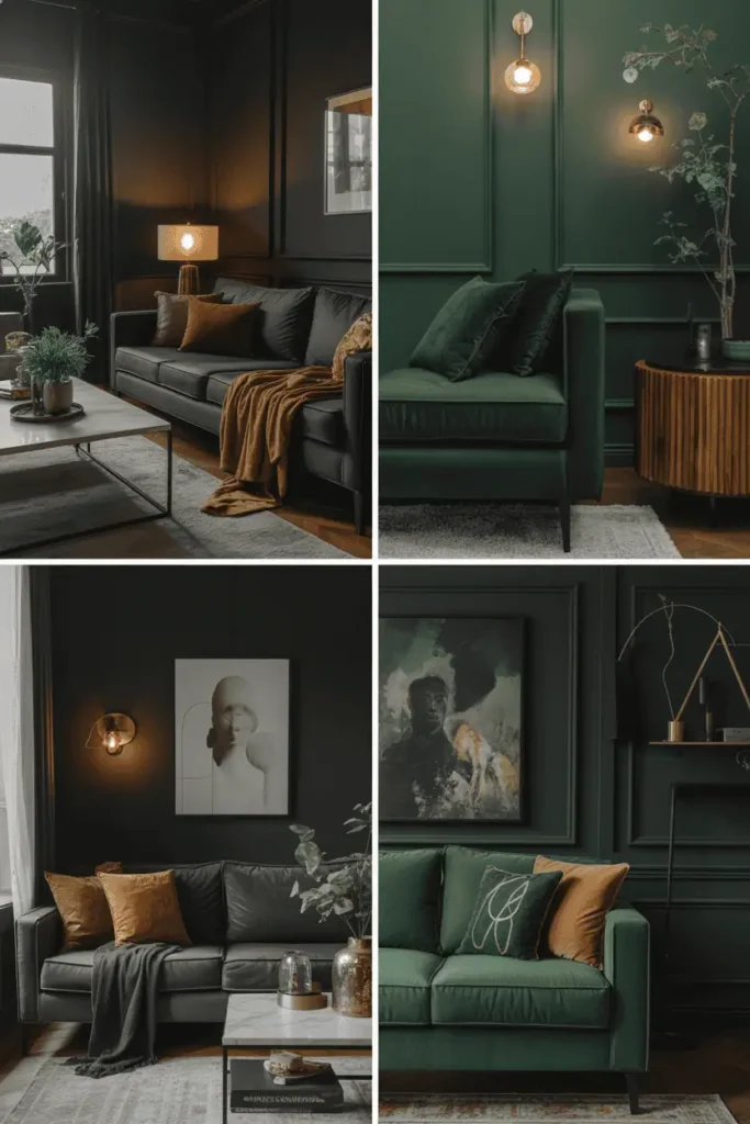 Moody, atmospheric interior with a bold, textured accent wall. Dim, dramatic lighting casts dramatic shadows, creating a cinematic effect. The wall features a layered, abstract pattern in shades of charcoal and midnight blue, with hints of metallic accents. Soft, plush furnishings in muted tones complement the moody palette. Shadows and highlights sculpt the form of the wall, adding depth and visual interest. The overall vibe is one of sophisticated, brooding elegance, perfectly suited to a cozy, refined living space.
