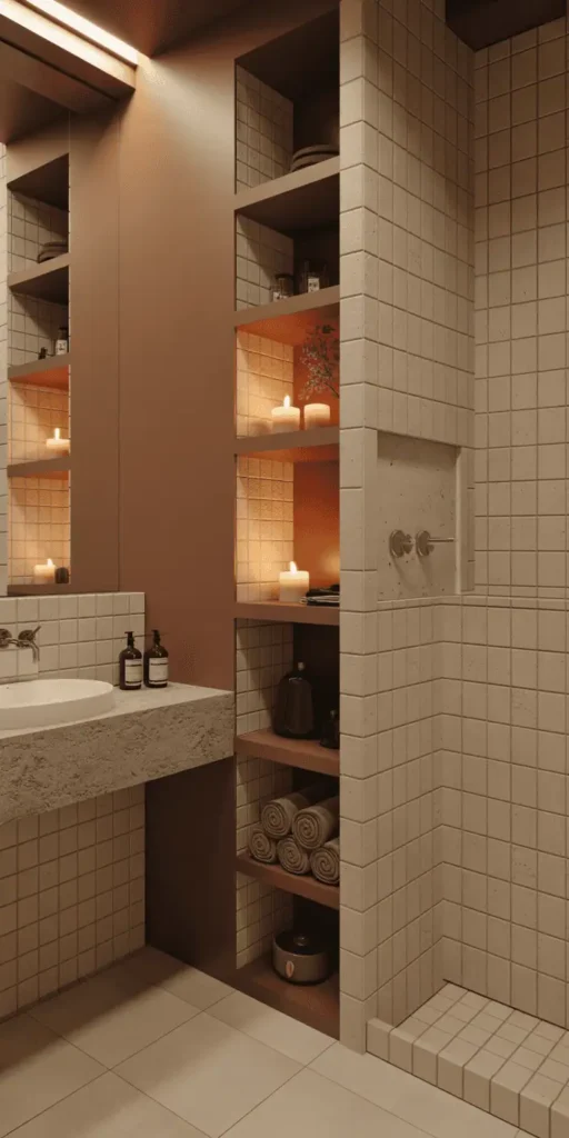 A small but exquisitely designed bathroom, the perfect embodiment of space optimization. The foreground features a sleek, minimalist vanity with clean lines and a striking vessel sink, accentuated by warm, dimmable lighting. The middle ground showcases a compact, yet efficient shower enclosure with a frameless glass door, allowing the space to feel open and airy. In the background, a streamlined, wall-mounted toilet and a neatly concealed storage cabinet create a harmonious, uncluttered aesthetic. Soft, neutral tiles cover the floor and walls, reflecting the natural light that filters in through a strategically placed window, lending a sense of serenity and tranquility. The overall atmosphere conveys a spa-like ambiance, a masterful blend of form and function in a limited footprint.