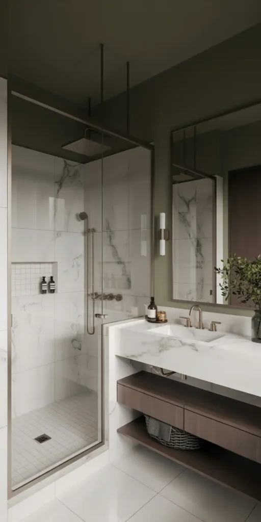 An airy, minimalist bathroom with a modern vanity, a large mirror, and a sleek faucet. The tiled floor is a neutral gray, and the walls are a soft white. Sunlight streams in through a large window, casting a warm glow over the space. On the vanity, a stack of budget-friendly items, such as a calculator, a notepad, and a pen, suggest the careful planning of a bathroom renovation. The overall atmosphere is one of calm and considered decision-making.