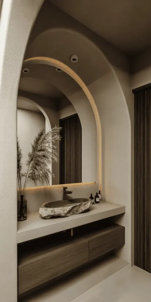 A modern, well-lit bathroom interior featuring an array of smart home technologies. In the foreground, a sleek, touch-enabled digital mirror displays weather, news, and calendar information. Beside it, a voice-controlled smart speaker controls lighting, music, and bathroom appliances. In the middle ground, a minimalist, wall-mounted control panel manages the spa-like rain shower, heated towel rack, and automated toilet with self-cleaning functions. The background showcases large windows overlooking a lush, tranquil garden, filling the space with natural light and a serene ambiance.