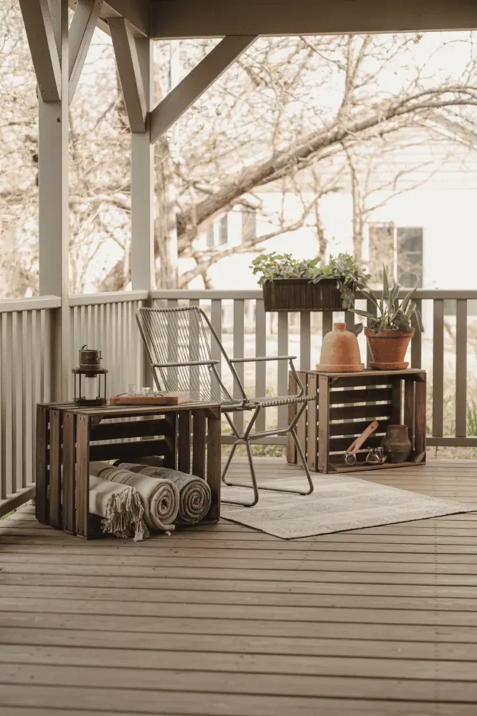 A wide shot of a covered porch with two rustic wooden crates near a simple outdoor chair. One crate holds rolled outdoor blankets and a lantern, the other holds terracotta pots and gardening tools. The porch has wood plank flooring and white painted railings. Potted plants and a small outdoor rug complete the scene. Soft afternoon light with dappled shadows. Casual, lived-in outdoor space aesthetic.
