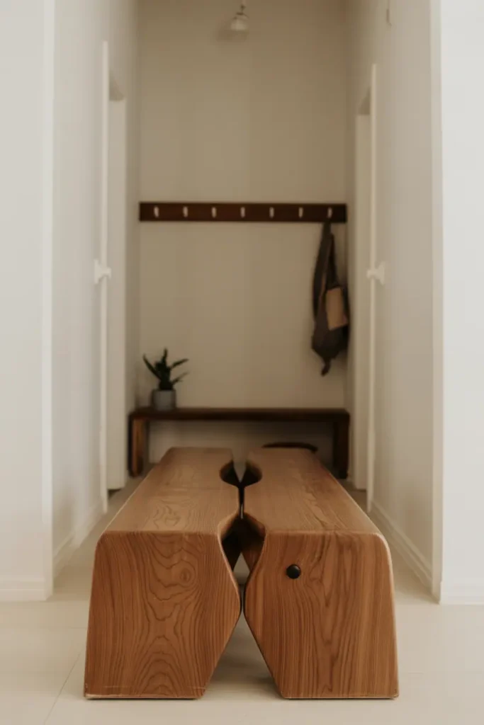 Curated minimal entryway featuring one substantial statement piece: sculptural wood bench with visible joinery and distinctive grain pattern as focal point. White walls, simple hook rail, one small plant, everything else minimal allowing bench to dominate. Natural lighting emphasizing wood craftsmanship, intentional design. Professional interior photography, editorial quality, centered composition on statement furniture piece.